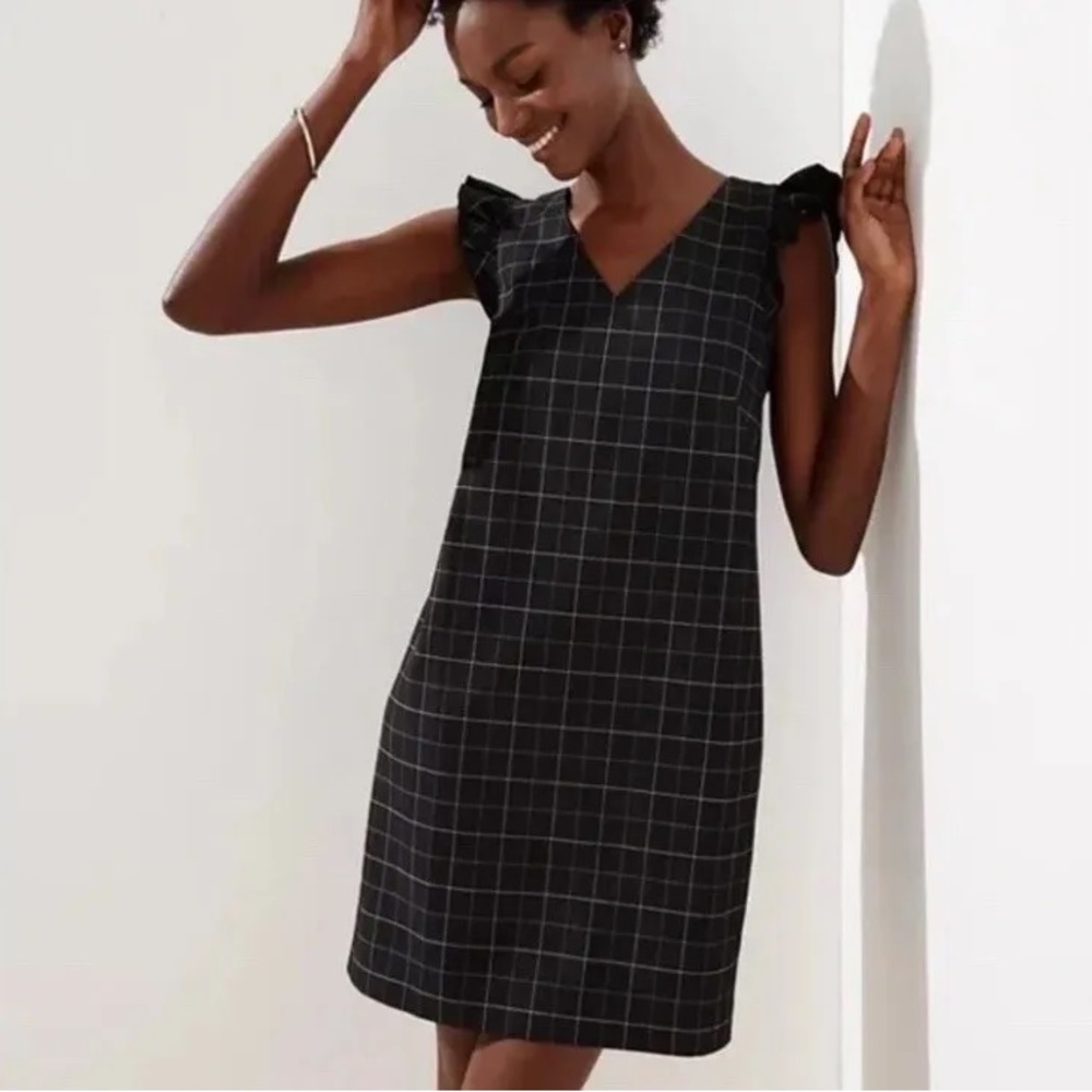 LOFT Black Check Plaid Ruffle Sheath Dress, Size 6P